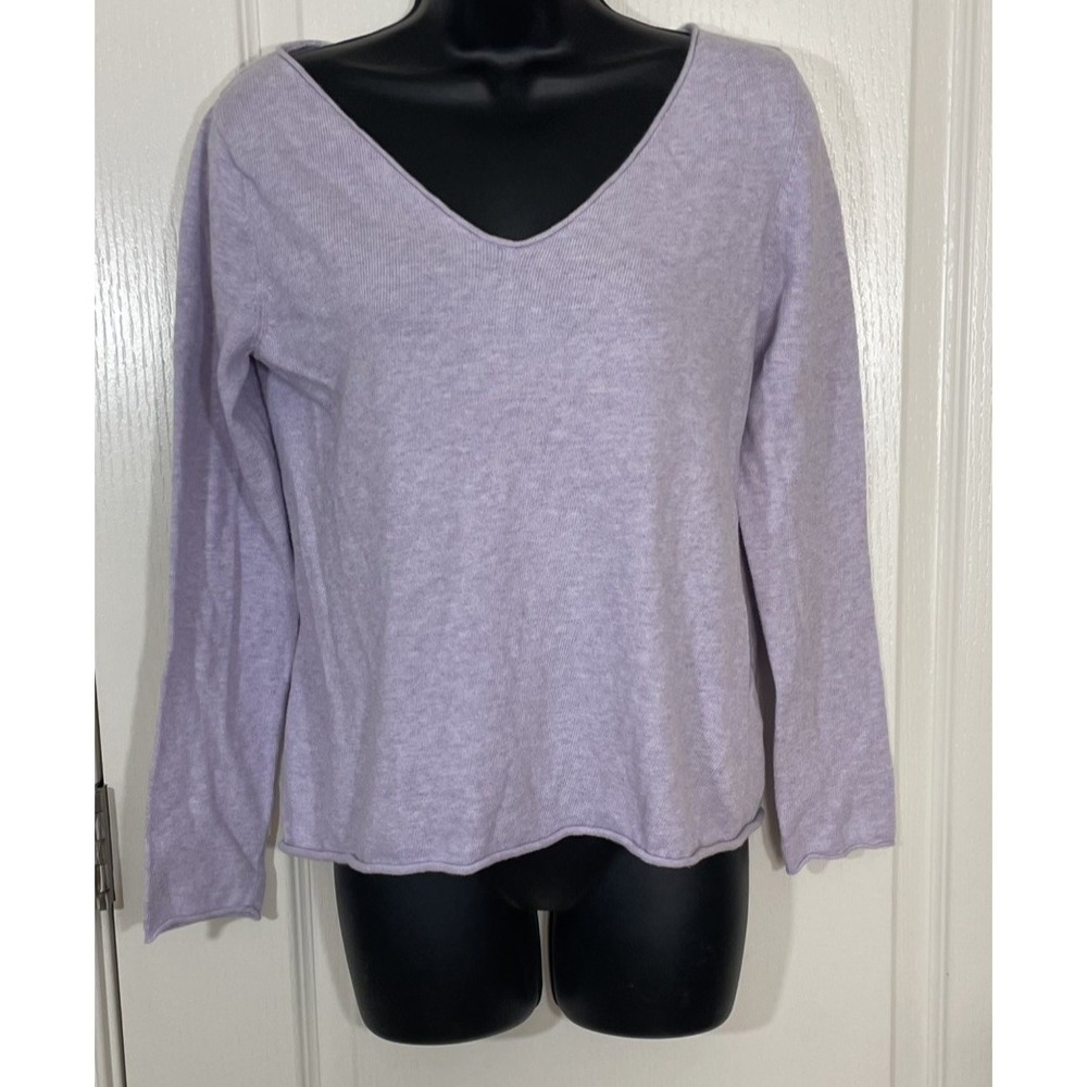 Eileen Fisher Cotton Sweater Womens Small  Purple Rolled Hem V-neck Pull Over